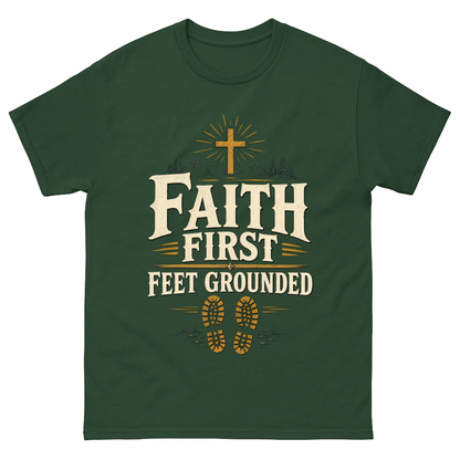 Forest Green vintage t-shirt with Faith First Feet Grounded printed front design