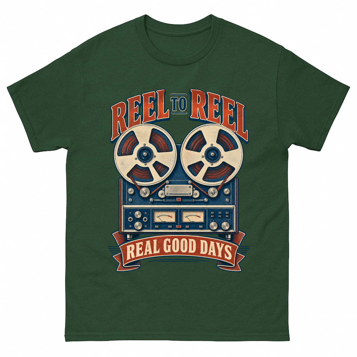 Forest Green vintage t-shirt with Reel To Reel Real Good Days printed front design