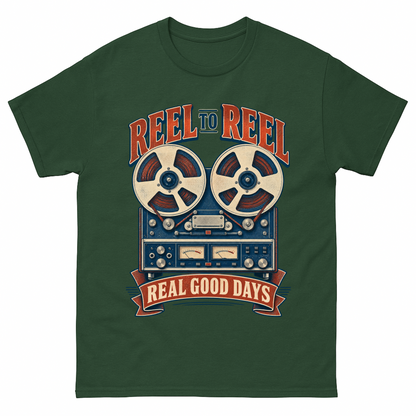 Forest Green vintage t-shirt with Reel To Reel Real Good Days printed front design