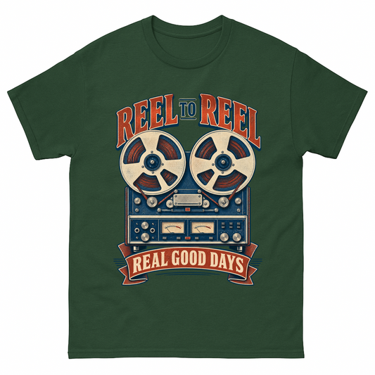 Forest Green vintage t-shirt with Reel To Reel Real Good Days printed front design