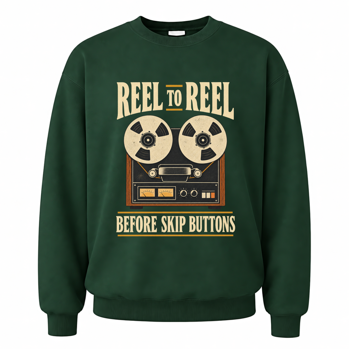 Forest Green vintage sweatshirt with Reel To Reel Before Skip Buttons printed front design