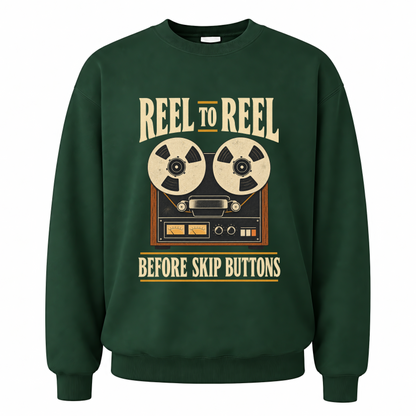 Forest Green vintage sweatshirt with Reel To Reel Before Skip Buttons printed front design