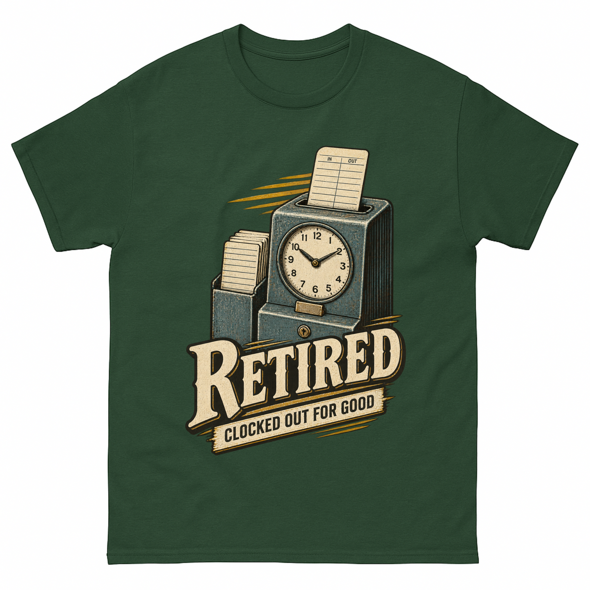 Forest Green vintage t-shirt with Clocked Out For Good printed front design