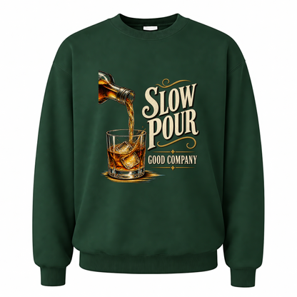 Forest Green vintage sweatshirt with Slow Pour Good Company printed front design