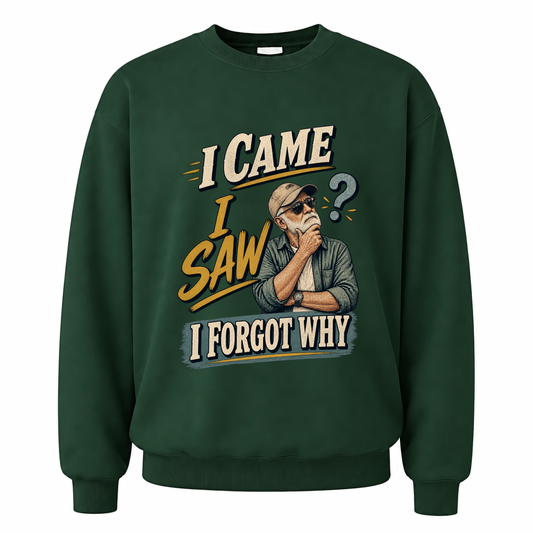 Forest Green vintage sweatshirt with I Came I Saw I Forgot Why printed front design