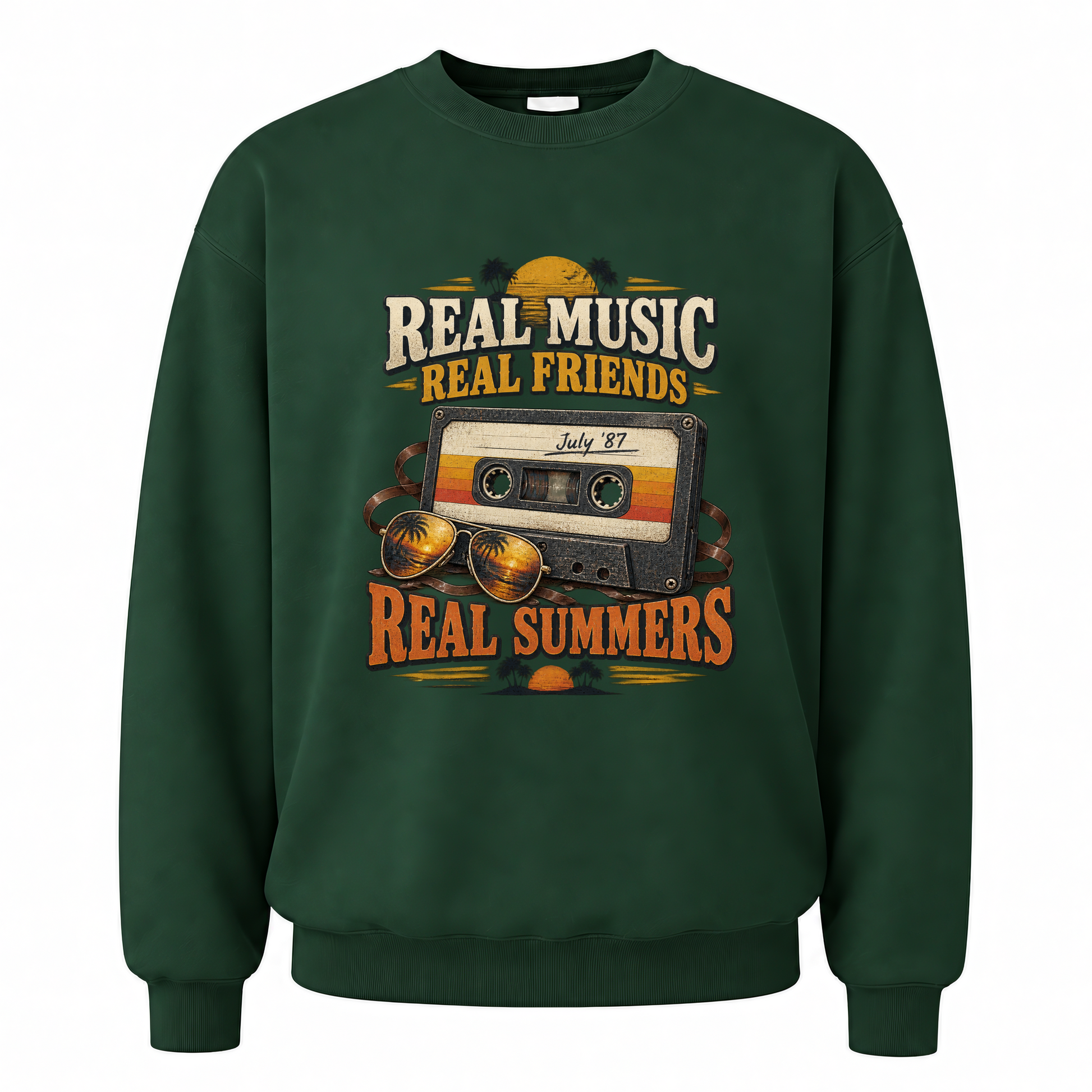 Forest Green vintage sweatshirt with Real Music Real Friends July ’87 Real Summers printed front design