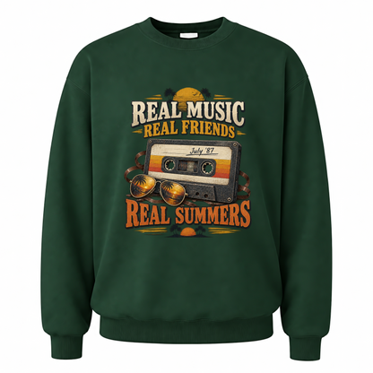 Forest Green vintage sweatshirt with Real Music Real Friends July ’87 Real Summers printed front design