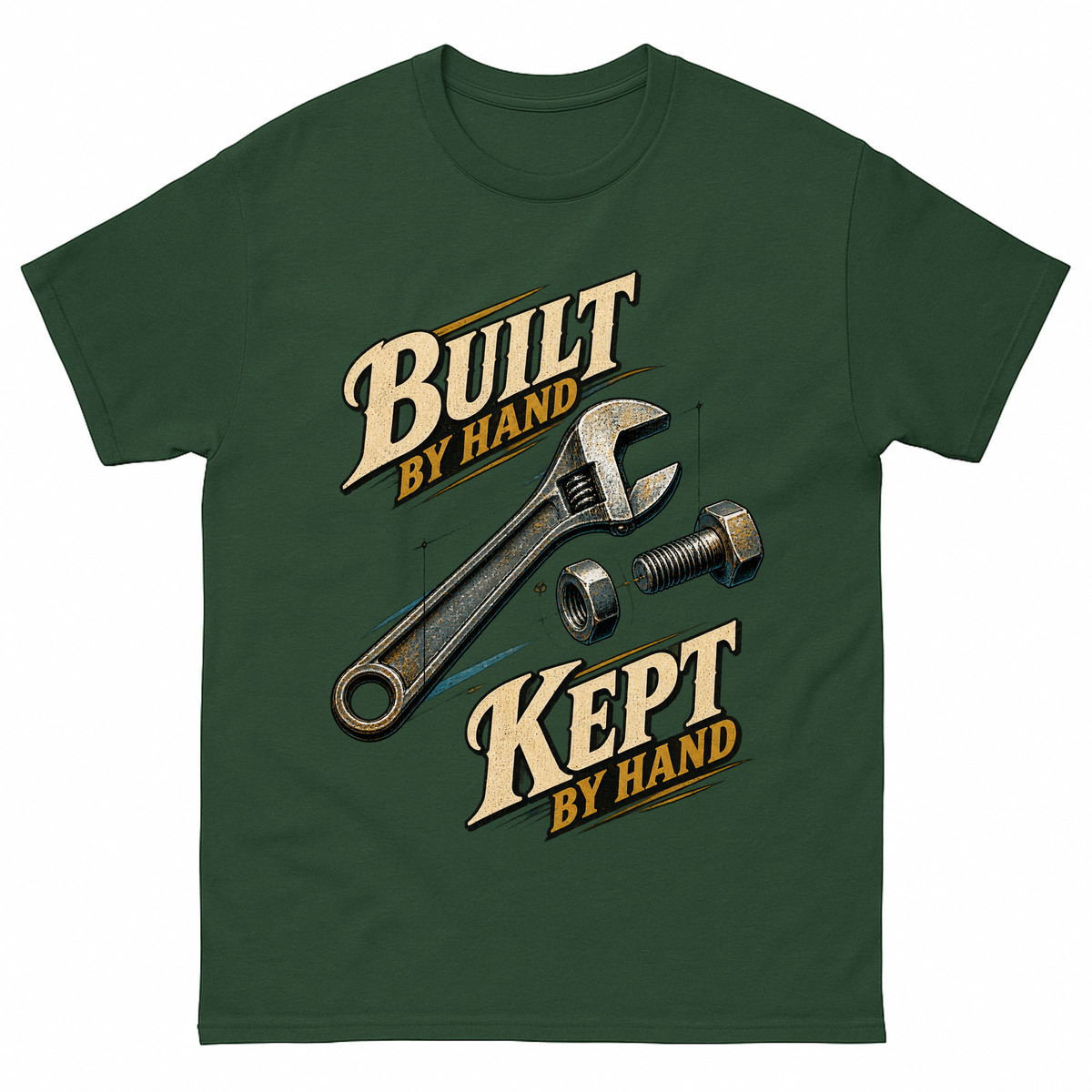 Forest Green vintage t-shirt with Build By Hand. Keep It By Hand printed front design