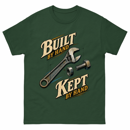 Forest Green vintage t-shirt with Build By Hand. Keep It By Hand printed front design