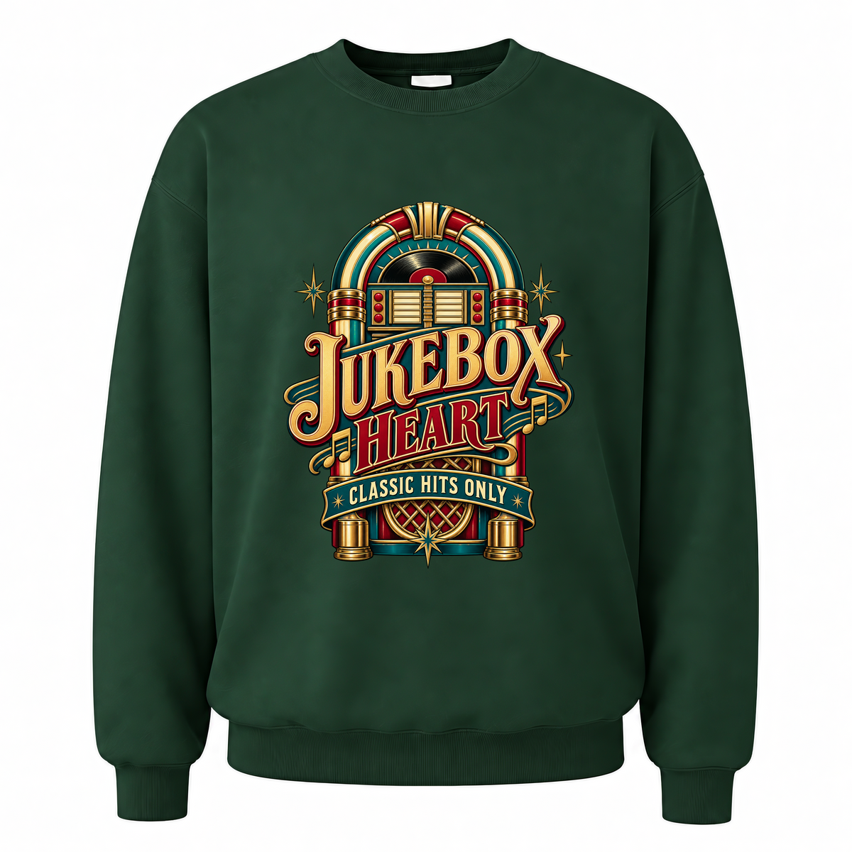 Forest Green vintage sweatshirt with Jukebox Heart Classic Hits Only printed front design