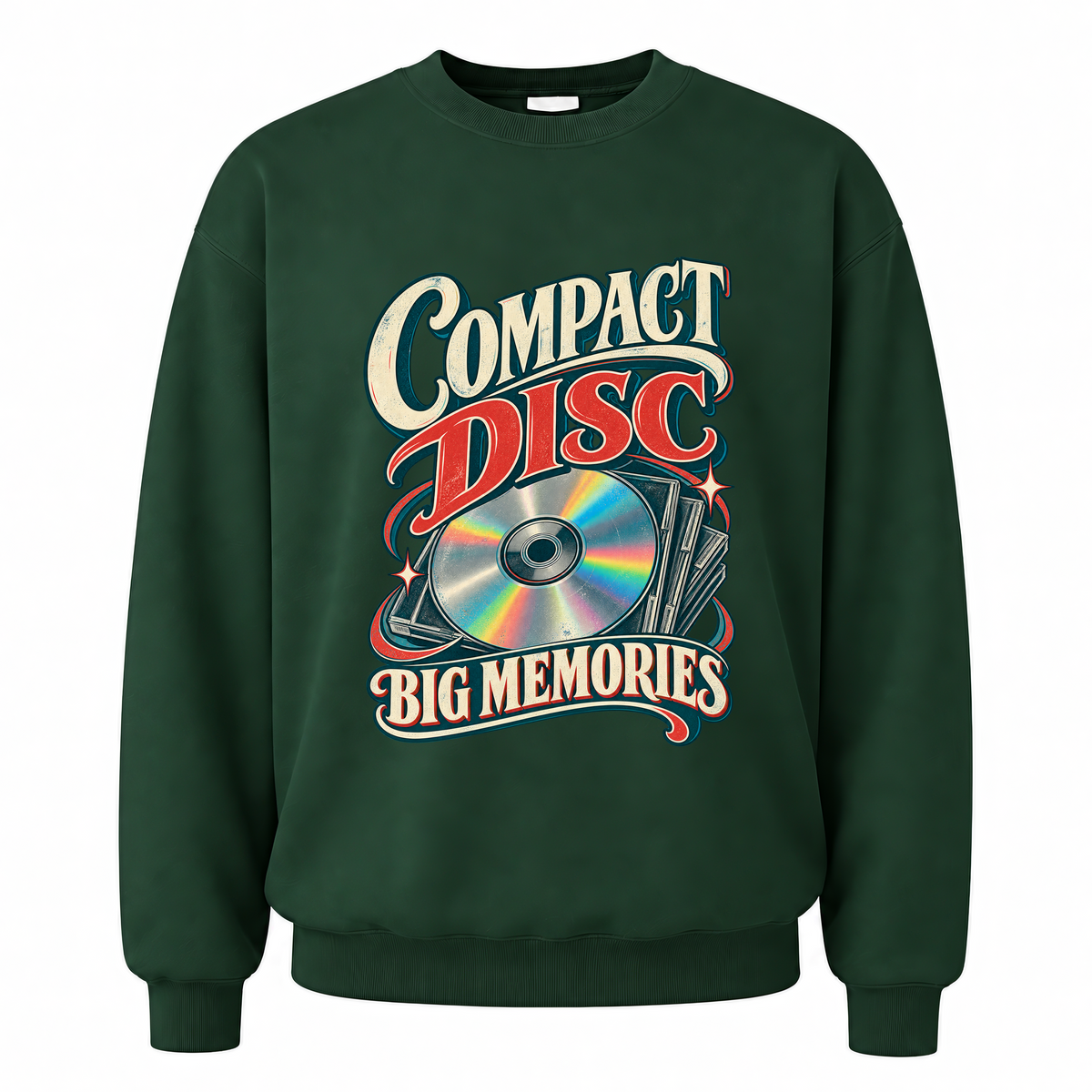 Forest Green vintage sweatshirt with Compact Disc Big Memories printed front design