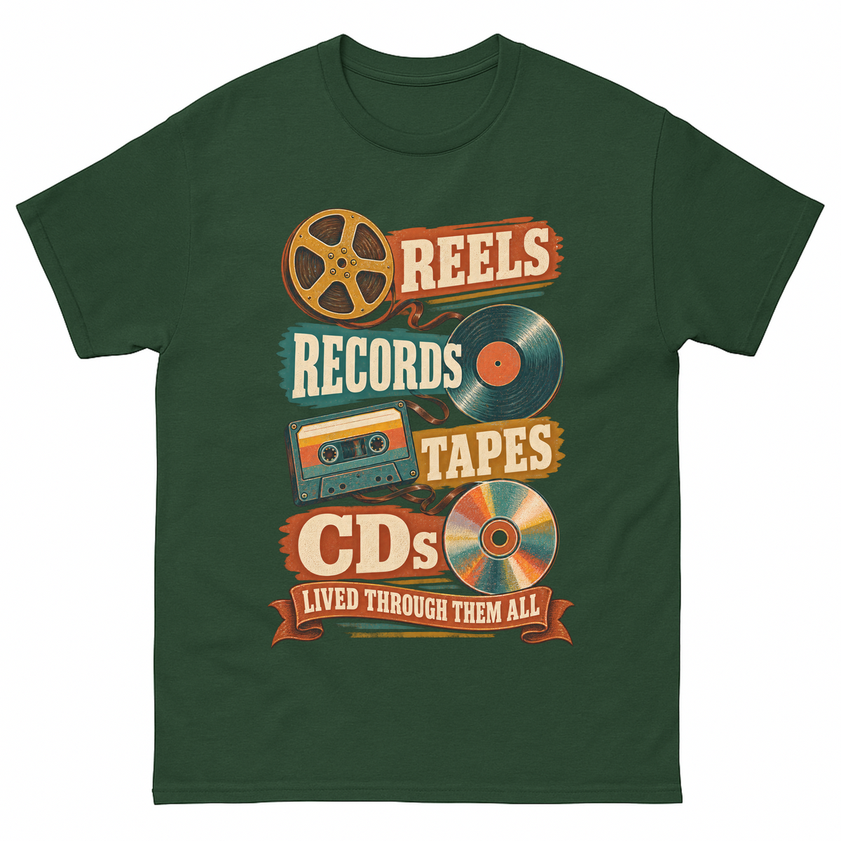 Forest Green vintage t-shirt with Reels Records Tapes Cds Lived Through Them All printed front design