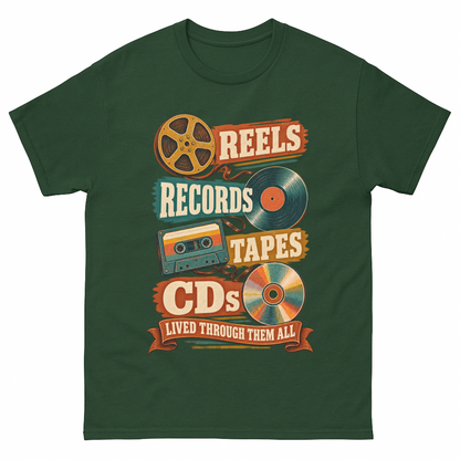 Forest Green vintage t-shirt with Reels Records Tapes Cds Lived Through Them All printed front design