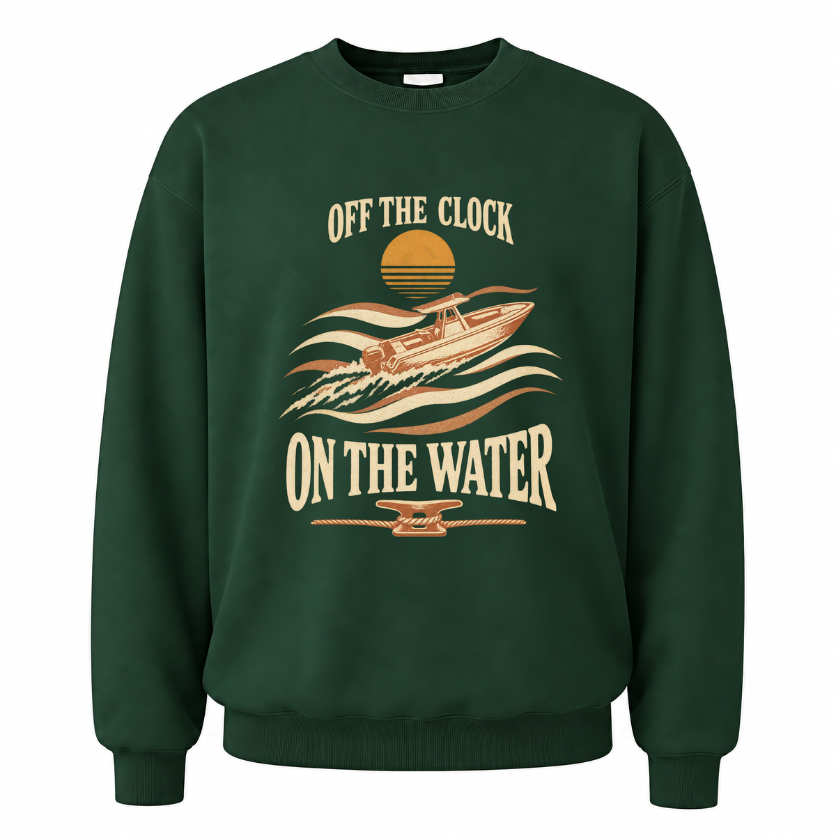 Forest Green vintage sweatshirt with Off The Clock On The Water printed front design