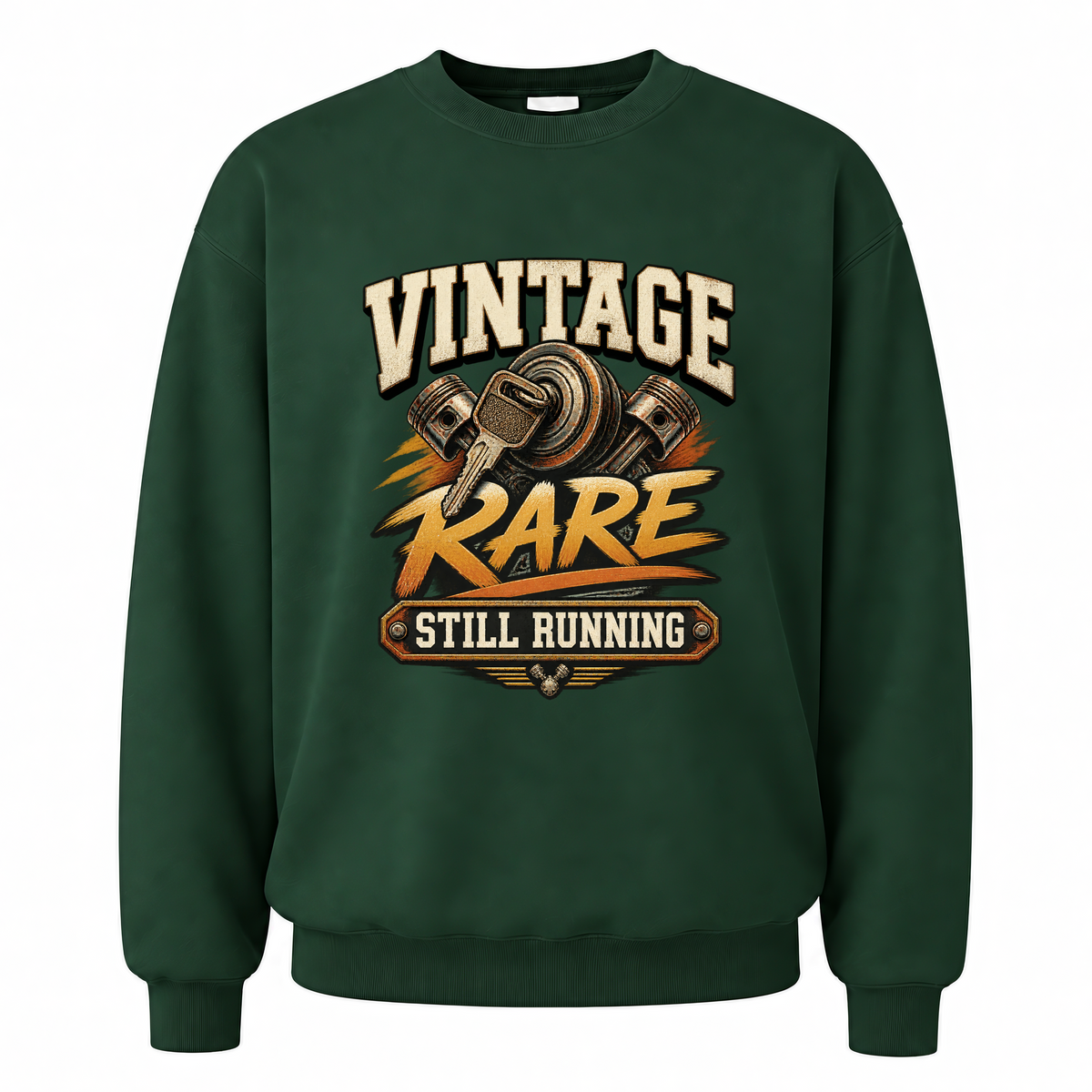 Forest Green vintage sweatshirt with Vintage Garage Still Running printed front design
