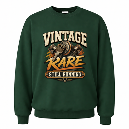 Forest Green vintage sweatshirt with Vintage Garage Still Running printed front design