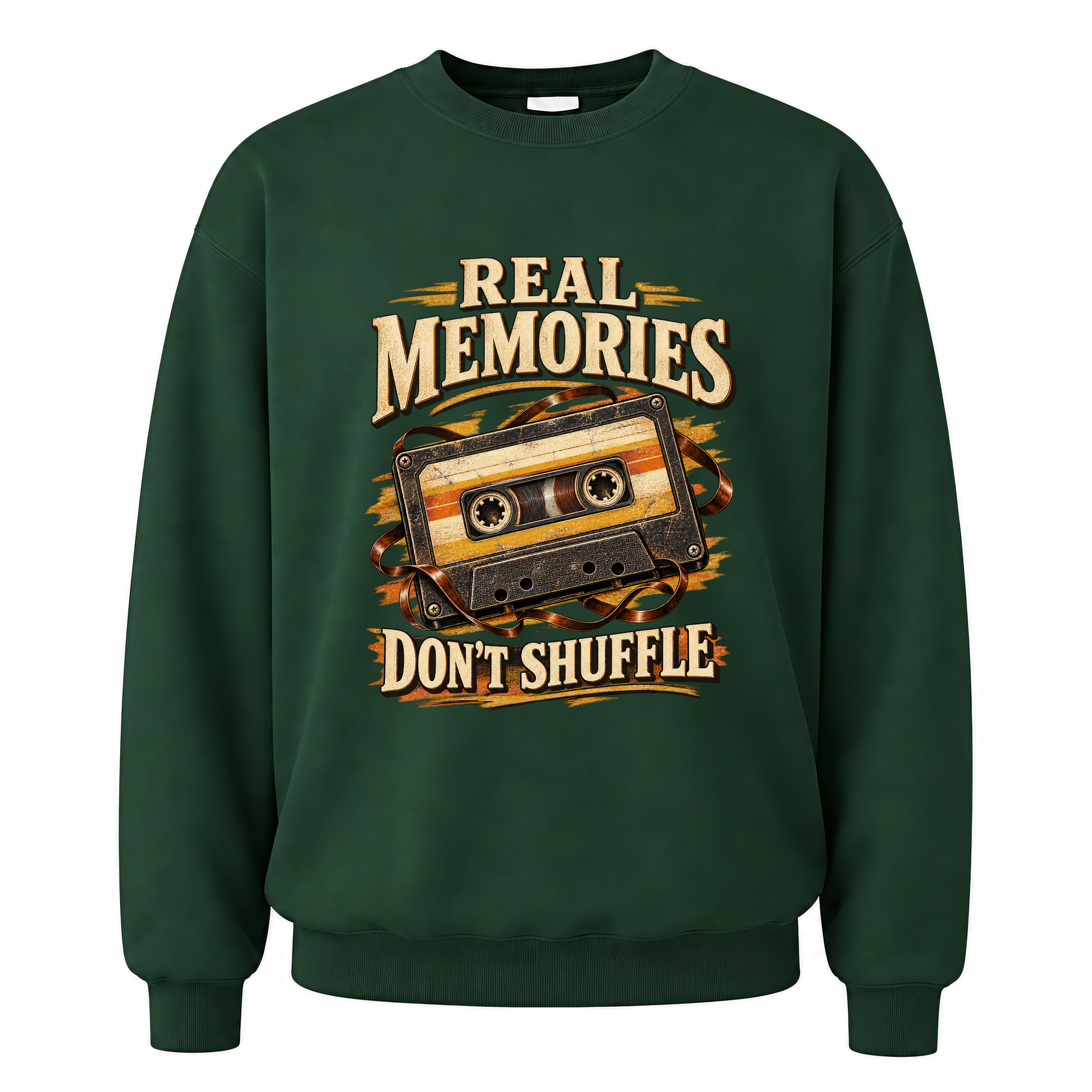 Forest Green vintage sweatshirt with Real Memories Don’t Shuffle printed front design