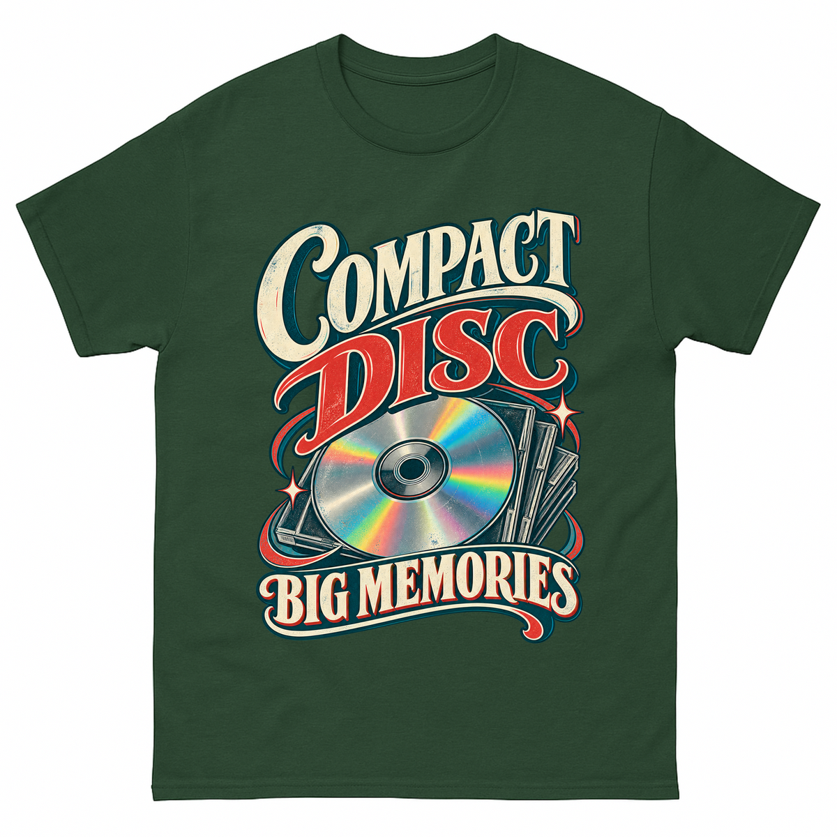 Forest Green vintage t-shirt with Compact Disc Big Memories printed front design