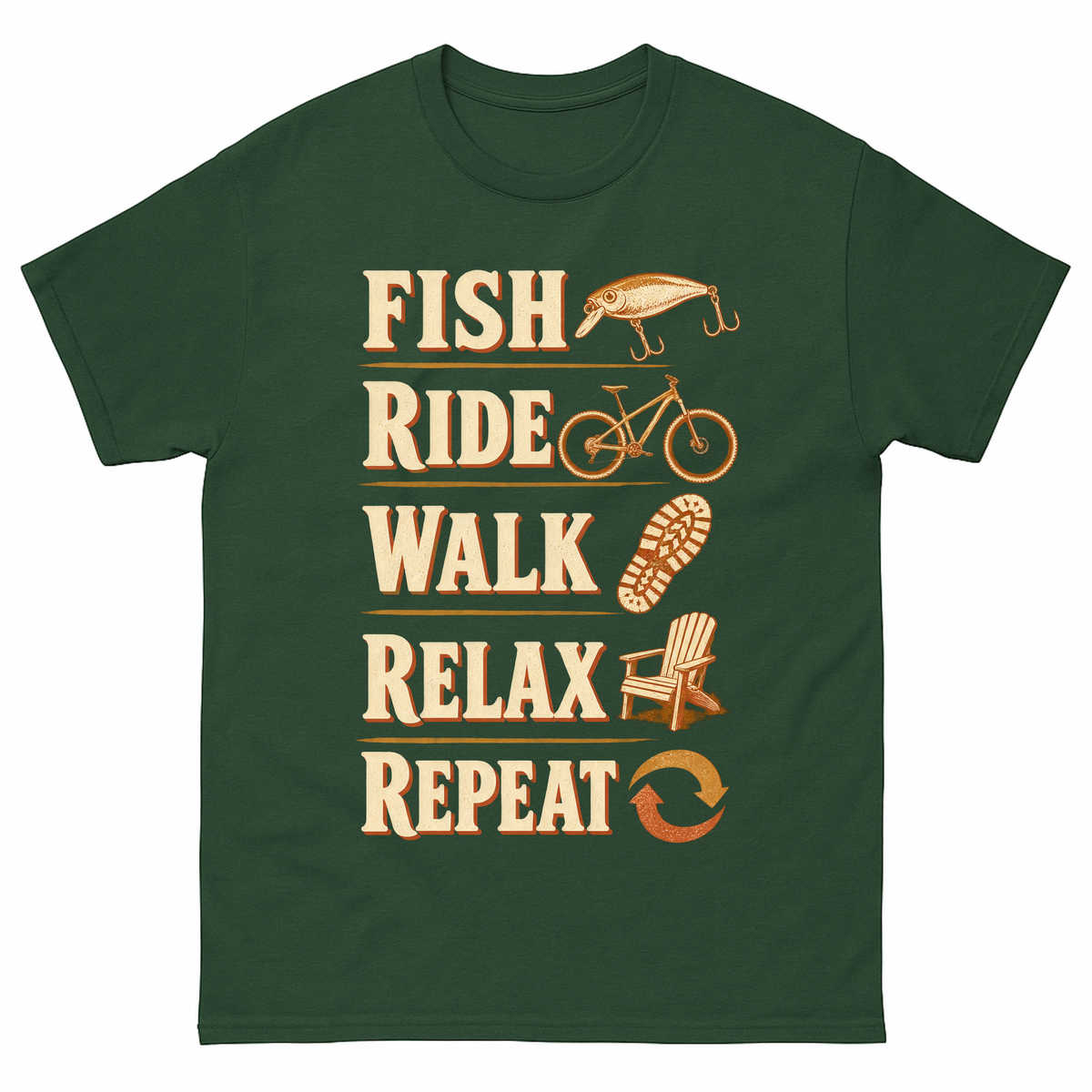 Forest Green vintage t-shirt with Fish Ride Walk Relax Repeat printed front design