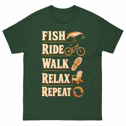 Forest Green vintage t-shirt with Fish Ride Walk Relax Repeat printed front design