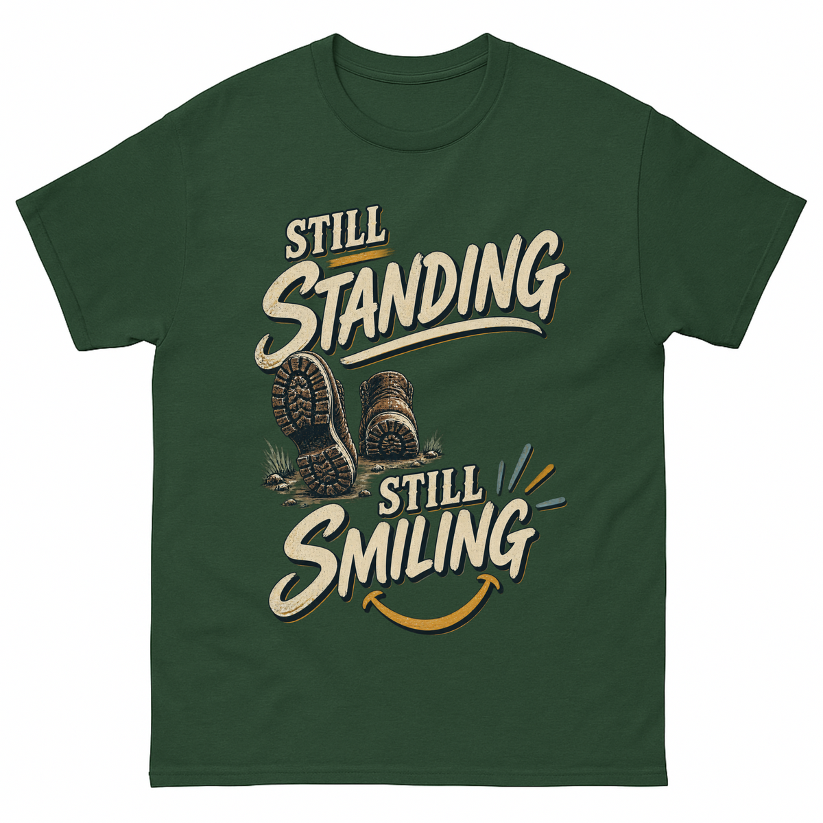Forest Green vintage t-shirt with Still Standing Still Smiling printed front design