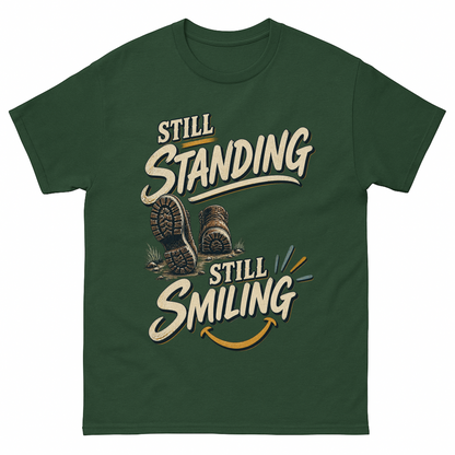 Forest Green vintage t-shirt with Still Standing Still Smiling printed front design
