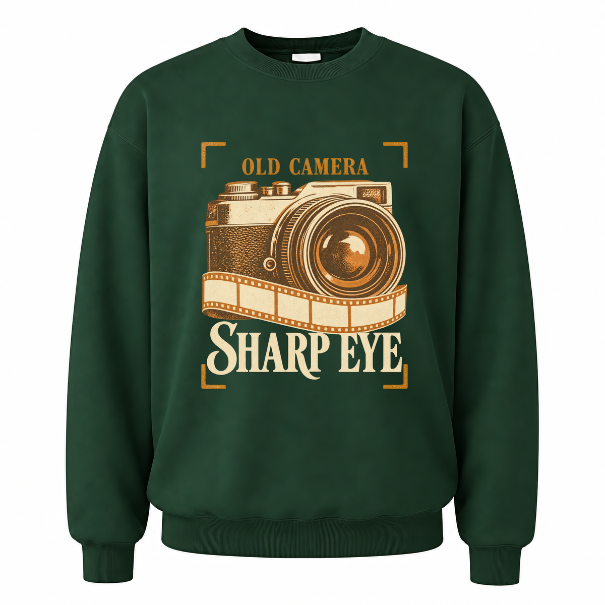 Forest Green vintage sweatshirt with Old Camera. Sharp Eye printed front design