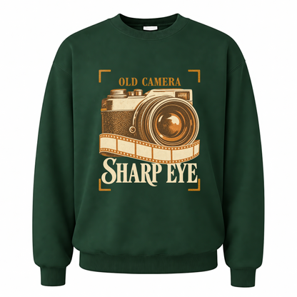 Forest Green vintage sweatshirt with Old Camera. Sharp Eye printed front design