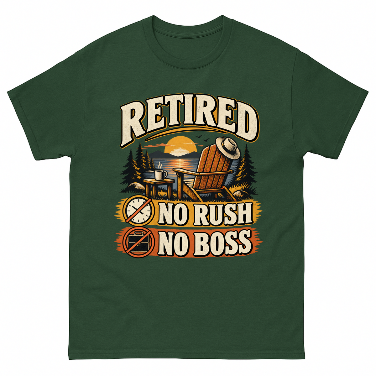 Forest Green vintage t-shirt with Retired. No Rush No Boss printed front design