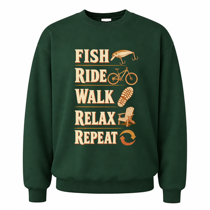 Forest Green vintage sweatshirt with Fish Ride Walk Relax Repeat printed front design
