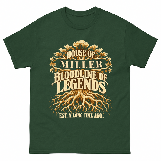 Forest Green vintage t-shirt with House Of Your Family Name Bloodline Of Legends Oak Roots printed front design
