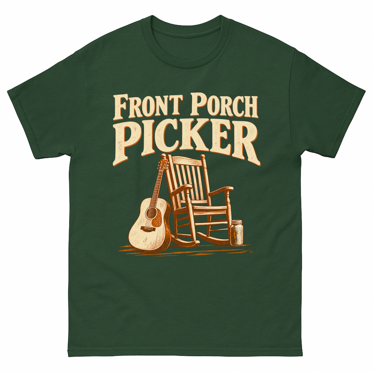 Forest Green vintage t-shirt with Front Porch Picker printed front design