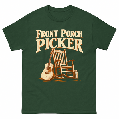 Forest Green vintage t-shirt with Front Porch Picker printed front design