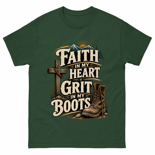 Forest Green vintage t-shirt with Faith In My Heart Grit In My Boots printed front design