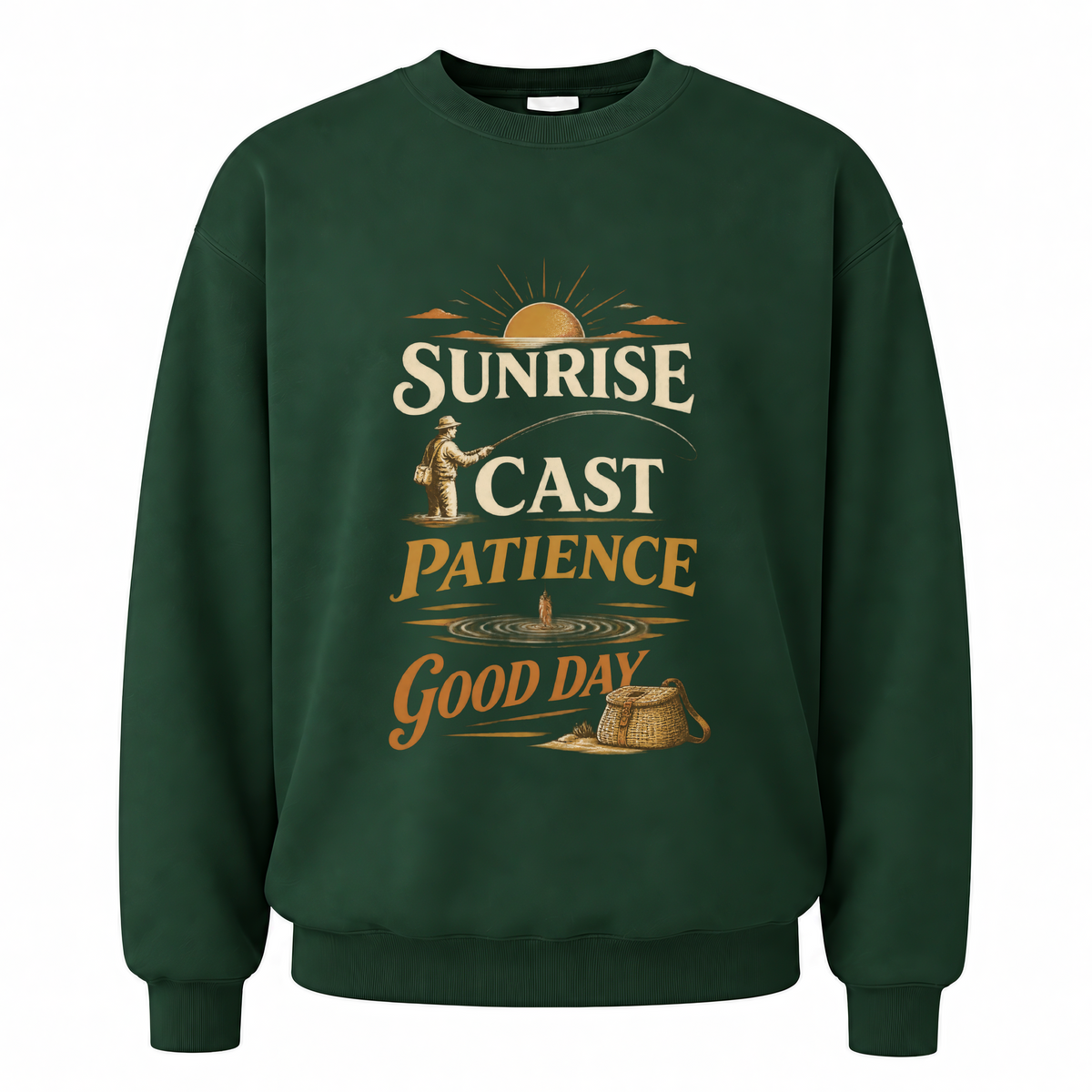 Forest Green vintage sweatshirt with Sunrise • Cast • Patience. Good Day printed front design