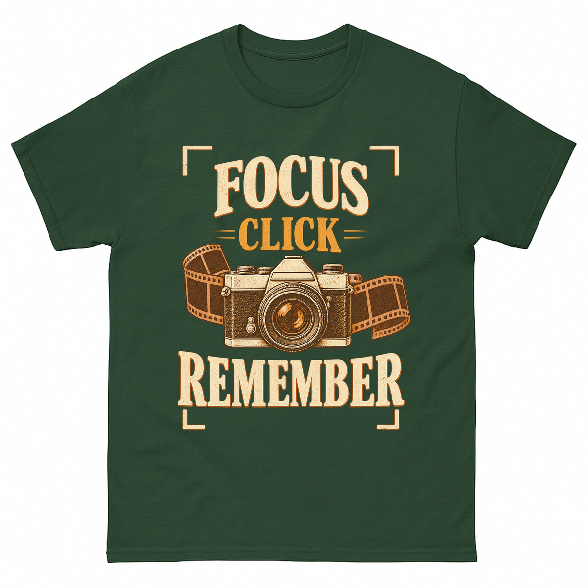 Forest Green vintage t-shirt with Focus Click Remember printed front design