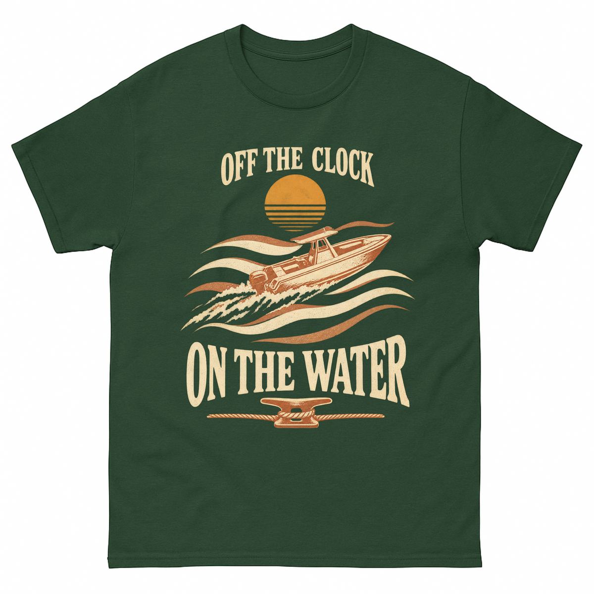 Forest Green vintage t-shirt with Off The Clock On The Water printed front design