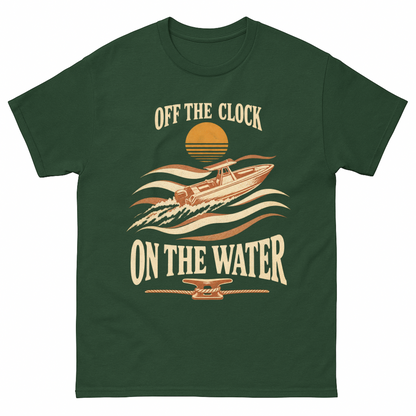 Forest Green vintage t-shirt with Off The Clock On The Water printed front design