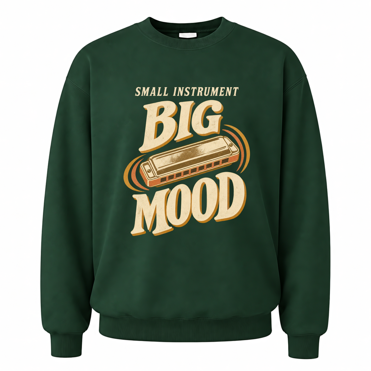 Forest Green vintage sweatshirt with Small Instrument. Big Mood printed front design
