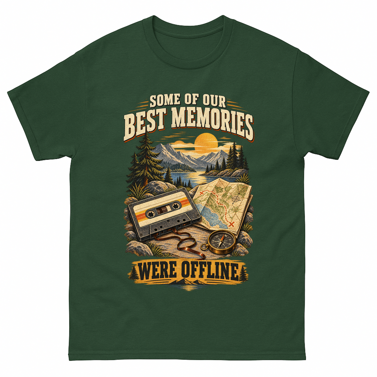 Forest Green vintage t-shirt with Some Of Our Best Memories Were Offline printed front design
