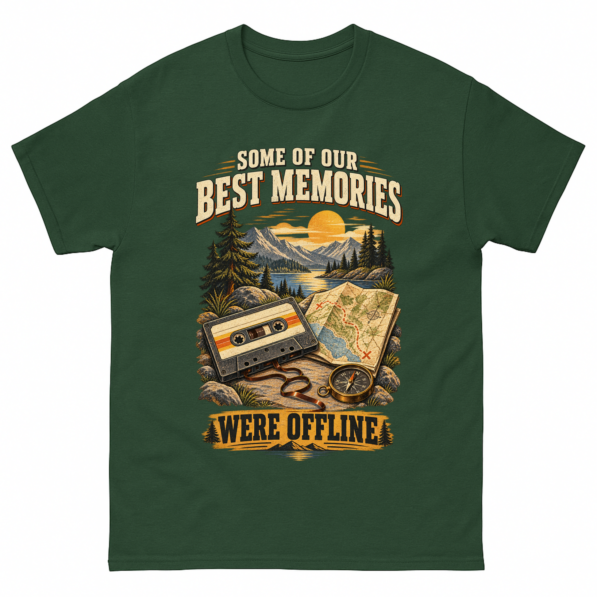 Forest Green vintage t-shirt with Some Of Our Best Memories Were Offline printed front design