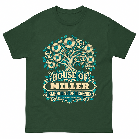 Forest Green vintage t-shirt with House Of Your Family Name Bloodline Of Legends Turquoise Tree printed front design