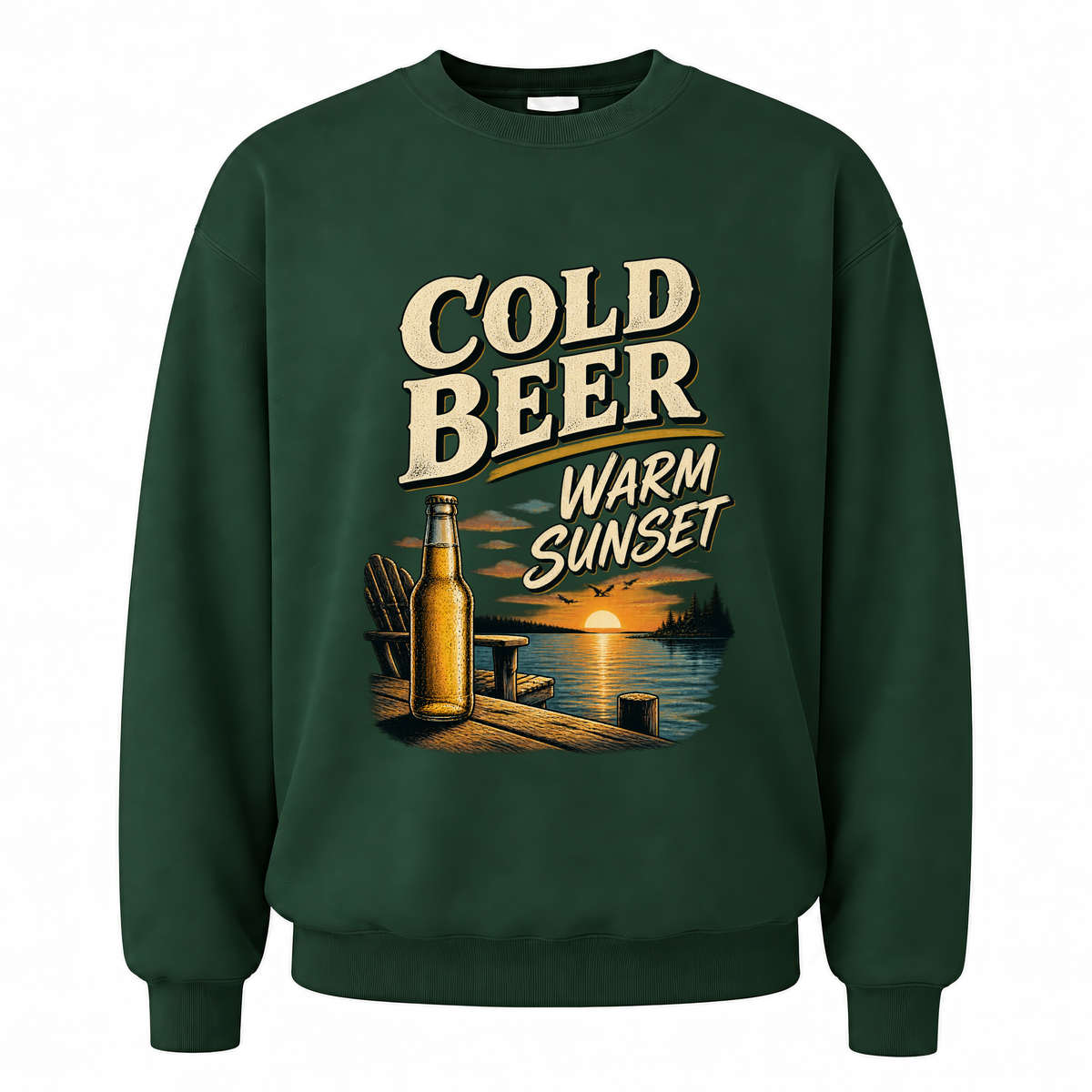 Forest Green vintage sweatshirt with Cold Beer. Warm Sunset printed front design