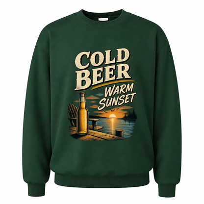 Forest Green vintage sweatshirt with Cold Beer. Warm Sunset printed front design