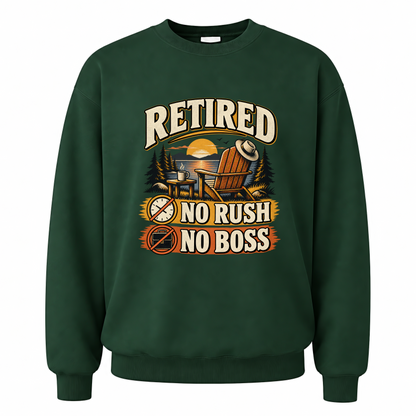 Forest Green vintage sweatshirt with Retired. No Rush No Boss printed front design