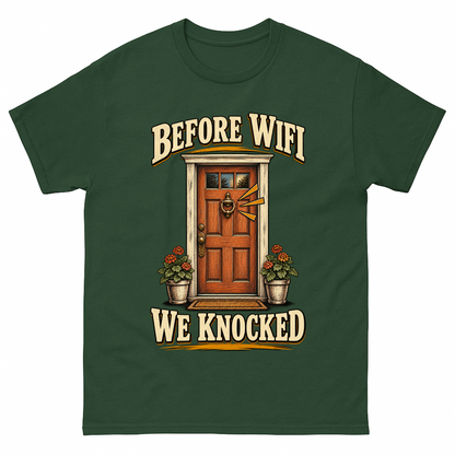Forest Green vintage t-shirt with Before Wife We Knocked printed front design