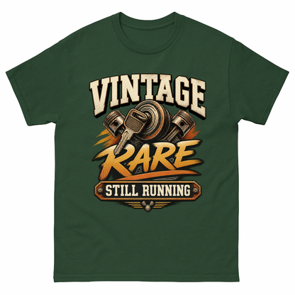 Forest Green vintage t-shirt with Vintage Garage Still Running printed front design