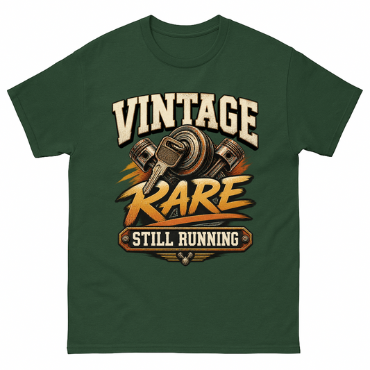 Forest Green vintage t-shirt with Vintage Garage Still Running printed front design