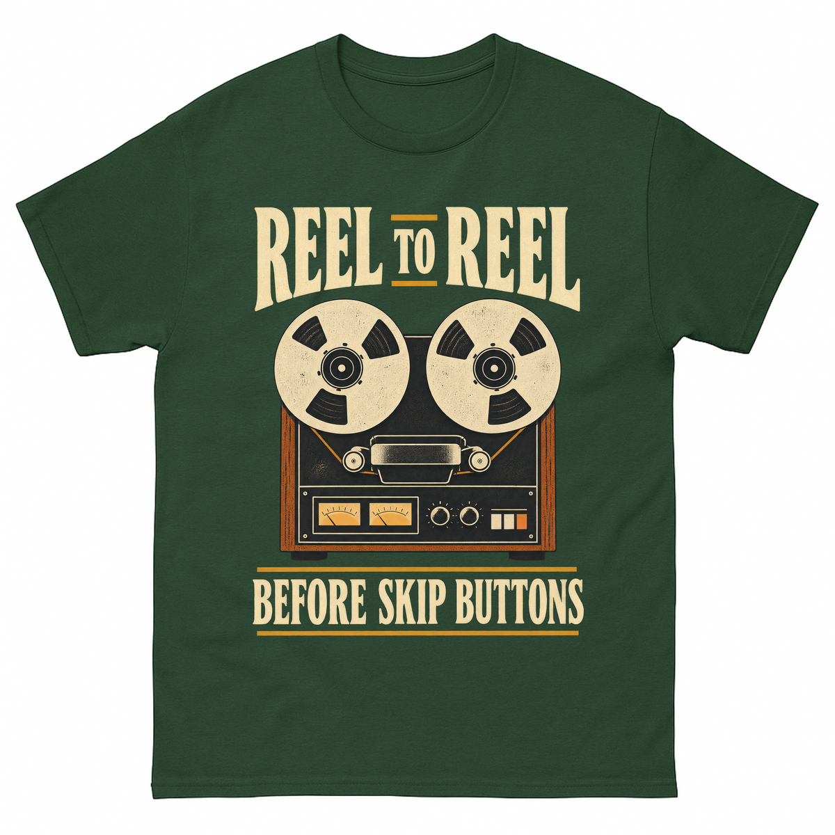Forest Green vintage t-shirt with Reel To Reel Before Skip Buttons printed front design