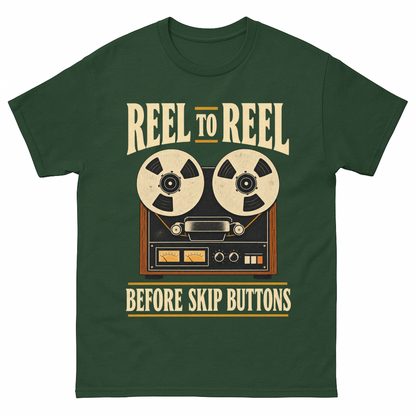 Forest Green vintage t-shirt with Reel To Reel Before Skip Buttons printed front design